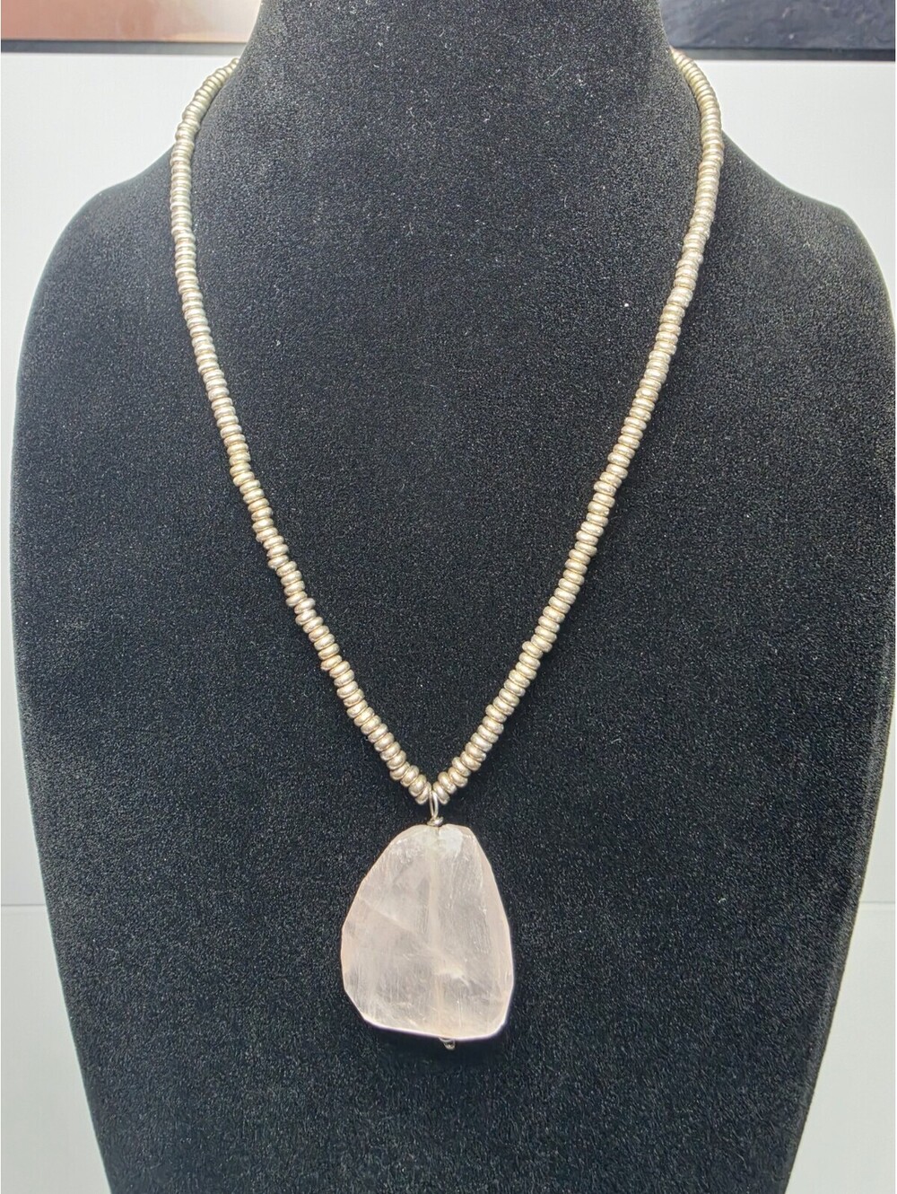 VTG 925 Sterling Silver Bench Bead Necklace w/ Large Rose Quartz Pendant 15"
